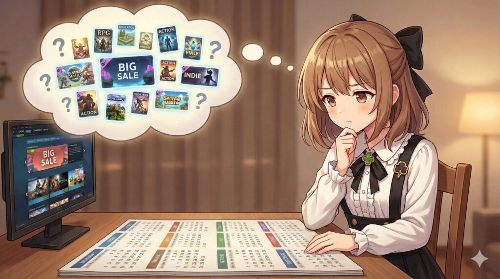 Steamのセールで何を買うか悩んでいるクロバ